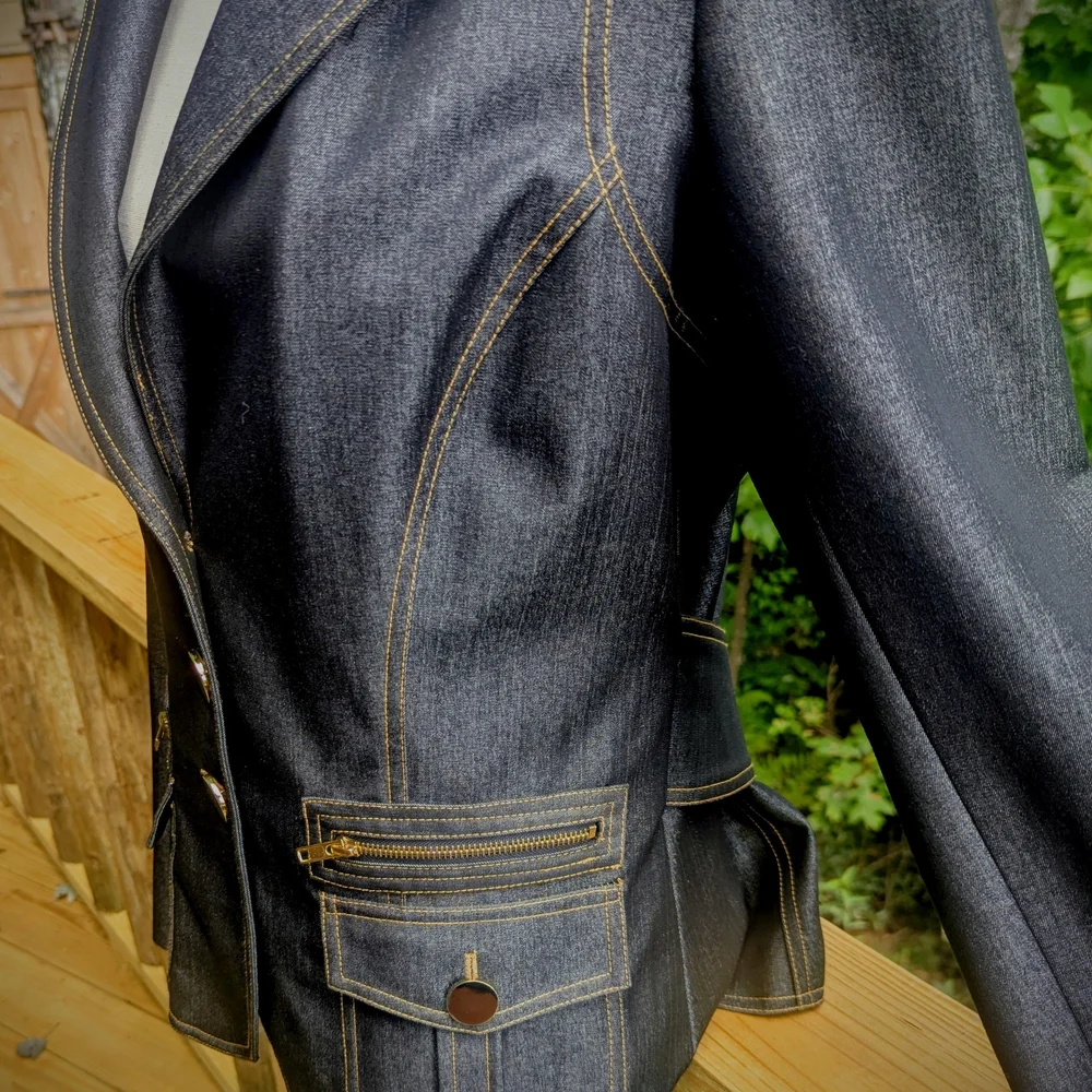 Cache' Contour Collectic Elegant Dark Blue/Gray Denim Women's Blazer - Picture 14 of 16